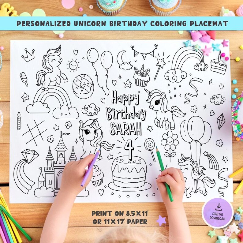Unicorn Birthday Coloring Placemat · Personalized Activity Page With ...