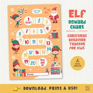 May include: A festive Elf Reward Chart with a Christmas theme. The chart features a game board design with numbers, elves, Santa, and gift illustrations. Text includes "Elf Reward Chart" and "Christmas Behavior Tracker for Kids."
