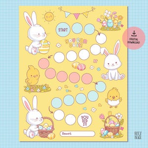 Könnte beinhalten: Ein druckbarer Oster-Belohnungs-Chart mit gelbem Hintergrund. Der Chart zeigt ein Kaninchen, ein Küken und einen Korb mit Eiern. Der Chart hat einen Start- und Zielstrich mit Kreisen, die ausgemalt werden können, wenn ein Kind Aufgaben erledigt. Der Text auf dem Chart lautet "Du kannst es schaffen!" und "Du hast es geschafft!"