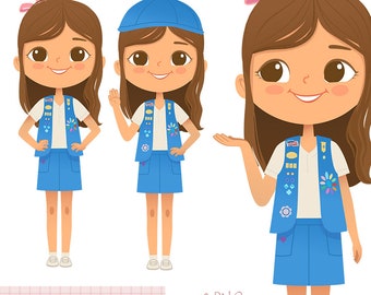 May include: Digital illustration of a girl scout in three different poses. The girl is wearing a blue vest, skirt, and hat, with a white shirt. The image includes the text "Daisy" and "6 PNG illustrations".