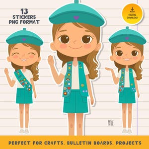 Junior Troop Green Vest Girls Clipart – Adventure-Themed PNG Stickers – Scout Printable Characters for Crafts, Journals & Planners