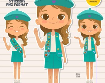 Clipart de niñas con chaleco verde de la tropa juvenil – Pegatinas PNG con temática de aventura – Personajes imprimibles de Scouts para manualidades, diarios y agendas