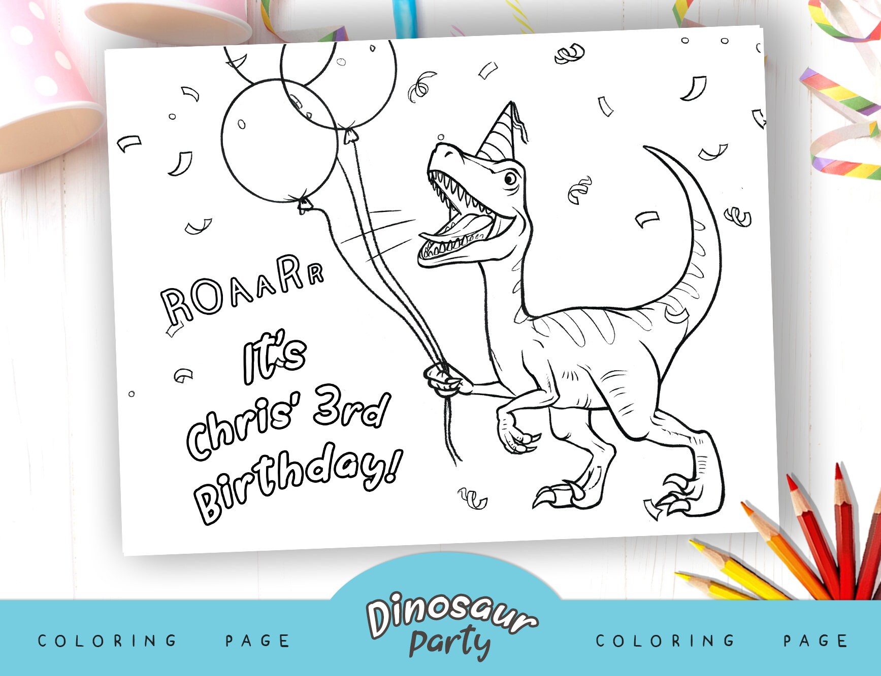 Personalized Dinosaur Party Coloring, Printable Dinosaur, Dinosaur ...