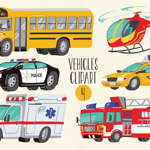 Clipart de emergência | Caminhão de bombeiros | Táxi | Carro de polícia | Ambulância | Ônibus escolar PNG | Clipart de veículos | Helicóptero Adesivo | Download instantâneo