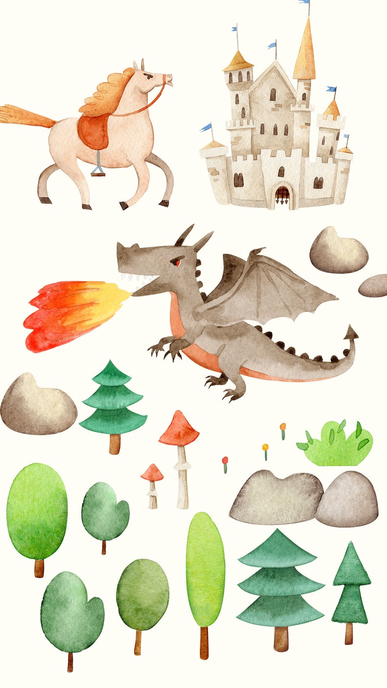 May include: Watercolour illustration of a fairytale scene with a castle, a dragon, a horse, trees, and rocks. The dragon is breathing fire and the horse is wearing a saddle.