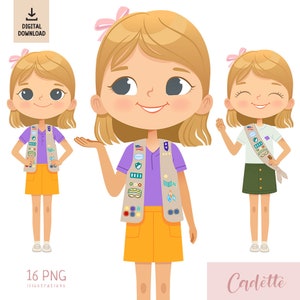 Cadette Scouts Clip Art, Happy Scouts, Scout Graphics, PNG Scout Art, Cadette Blond Girl, Sash Vest, Troop Scouts Clipart, CadetteScout Team
