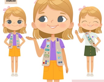 May include: A digital illustration of a young girl wearing a purple shirt, a tan vest with badges, and a yellow skirt. She is smiling and has blonde hair with a pink bow. The text "Cadette" is written in cursive below the image.