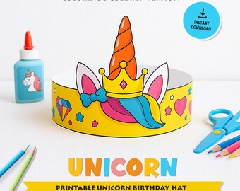 Unicorn Paper Crown Printable, Birthday Hat Template, Unicorn Coloring Craft for Kids, Party Headband DIY, Rainbow Unicorn Tiara