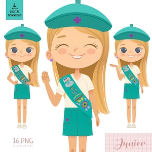 Junior Blond Hair Girl Clip Art, Happy Scout Girl, Junior Troop, Scout PNG, Junior Troop Clip art, Sash Vest Uniform, Scout PNG Clipart