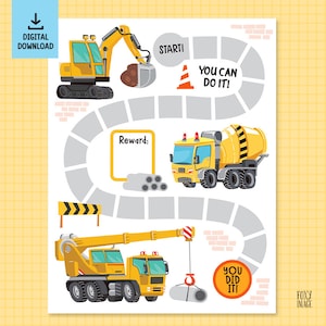 Puede incluir: Un tablero de juego imprimible con temática de construcción con una excavadora amarilla, una mezcladora de cemento amarilla, una grúa amarilla y un camino gris. El tablero de juego incluye el texto "Start!" y "You can do it!" y "You did it!" y "Reward:".