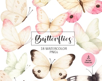 Watercolor Ivory Butterfly Clipart PNG Bundle, Pastel Butterfly Clip Art, Vintage Butterflies, Printable, Sublimation, Commercial Use