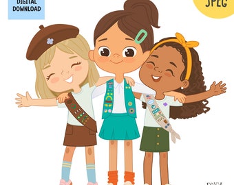 May include: Three girls wearing scout uniforms are smiling and hugging each other. They are all wearing different colored vests and sashes with badges and patches.