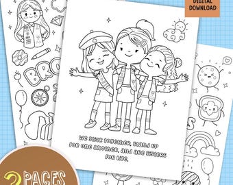 Brownie Girl Coloring Pages, Girl Troop Meeting Activity, Scout Coloring Book, Brownie Scout Collection Coloring Page, kids Printable PDF