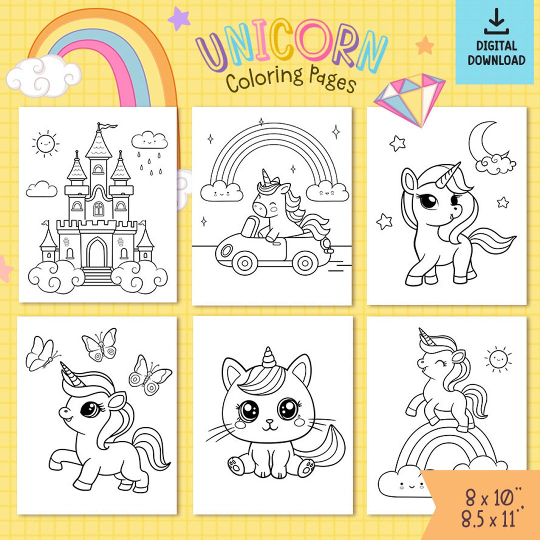 12 Unicorn Coloring Pages: Kawaii Designs for Kids (digital Download ...