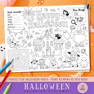 May include: Black and white Halloween coloring placemat featuring a haunted house, witch, pumpkin, and the words "Happy Halloween". Includes a maze, word scramble, and a "How Many" game. Features the text "Perfect for Halloween Party".