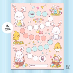 Puede incluir: Un gráfico de recompensas imprimible con temática de Pascua con un conejito, un pollito y huevos. El gráfico tiene un camino con círculos para colorear a medida que un niño completa las tareas. El texto dice "Comenzar", "¡Puedes hacerlo!" y "¡Lo hiciste!"