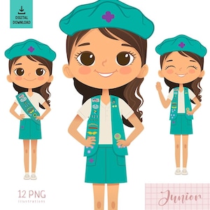 Junior Brown Hair Girl Clip Art, Happy Scout Girl, Junior Troop, Scout PNG, Junior Troop Clip art, Sash Vest Uniform, Scout PNG Clipart
