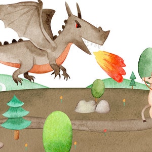 May include: A watercolour illustration of a prince on a white horse riding towards a grey dragon breathing fire. The dragon is flying over a green hill with a castle in the background.
