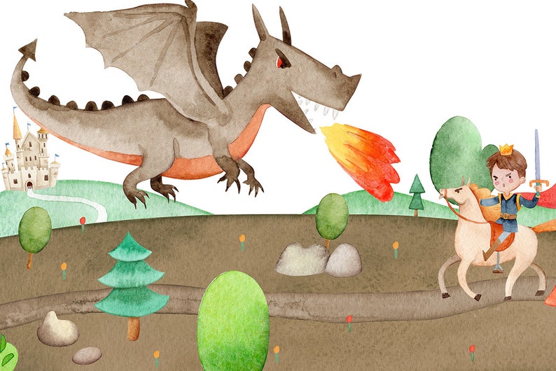 May include: A watercolour illustration of a prince on a white horse riding towards a grey dragon breathing fire. The dragon is flying over a green hill with a castle in the background.