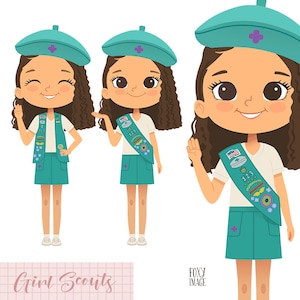 Junior Curly Hair Girl Clip Art, Happy Scout Girl, Junior Troop, Scout PNG, Junior Troop Clip art, Sash Vest Uniform, Scout PNG Clipart