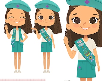 Imágenes prediseñadas de niña de pelo rizado joven, niña exploradora feliz, tropa joven, PNG de explorador, imágenes prediseñadas de tropa joven, uniforme de chaleco de faja, imágenes prediseñadas PNG de explorador