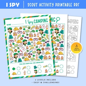 May include: Three printable "I Spy" camping activity sheets. The sheets feature colorful illustrations of camping-related items like tents, backpacks, and binoculars. Text includes "I Spy Camping", "Find and count all the lookalikes!", and "2 levels include - easy & challenging!"