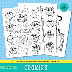 Disegni da colorare di biscotti Scout, biscotti Scout Kawaii carini, disegni da colorare di biscotti LBB, disegni da colorare di biscotti Baker, set da 3, stampabili