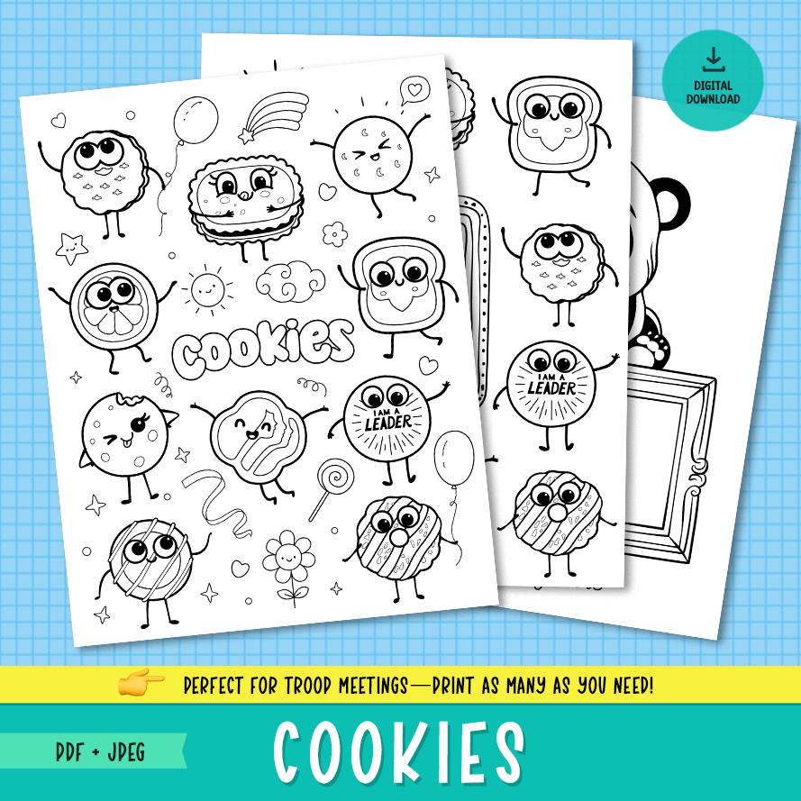 Scout Cookie Coloring Pages, Cute Kawaii Scout Cookies, LBB Cookie Coloring Pages, Baker Cookies Coloring Pages, Set of 3, Printable