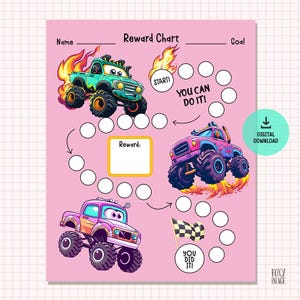 May include: Pink printable reward chart with a monster truck theme. The chart has a space for a name, goal, and reward. It includes a start and finish line with circles to color in as a child completes tasks. The chart says "You Can Do It!" and "You Did It!"
