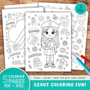 May include: A collection of five printable coloring pages featuring scout-themed illustrations. The pages include images of a scout girl, badges, and nature elements. The text on the pages includes "Promise", "Friendly", and "Helpful". The product is a digital download.