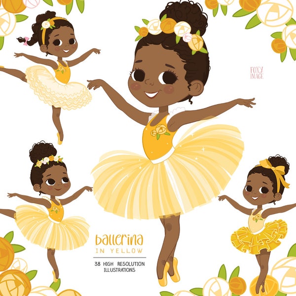 Ballerina In Yellow, Clipart Ballerina, Ballerina Clipart, Ballerina PNG, Ballerina Child, Planner Sticker, Pink Tutu, Black Girl Ballerina