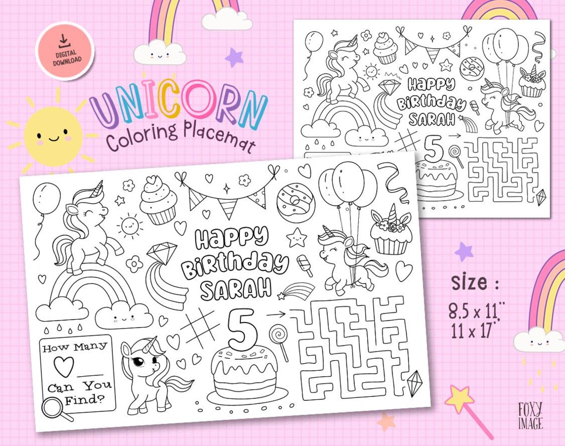 Unicorn Party Coloring Page Placemat, PRINTABLE Custom Personalized ...