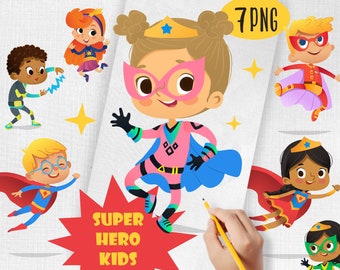 Cute Super Hero Clipart, Set of colorful Super Hero, Kids, Super Hero illustration, Instant Digital Download, PNG Superhero Girl, Stickers