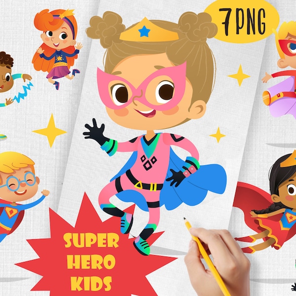 Cute Super Hero Clipart, Set of colorful Super Hero, Kids, Super Hero illustration, Instant Digital Download, PNG Superhero Girl, Stickers