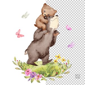 Puede incluir: Ilustraci&oacute;n de acuarela de un oso marr&oacute;n con un cachorro de oso marr&oacute;n m&aacute;s peque&ntilde;o montando en su espalda. Los osos est&aacute;n rodeados de hierba verde, flores rosas y moradas y mariposas.