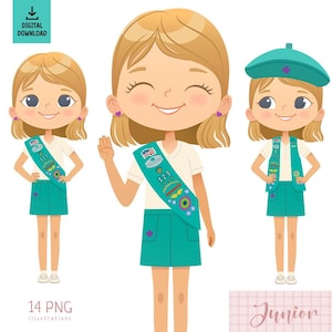 Junior Blond Bob Hair Girl Clip Art, Happy Scout Girl, Junior Troop, Scout PNG, Junior Troop Clip art, Sash Vest Uniform, Scout PNG Clipart