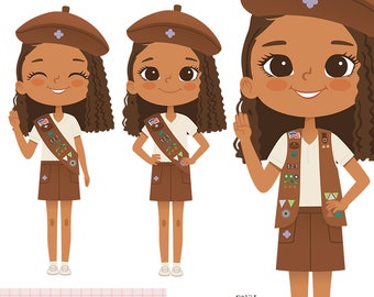 Brownie Brown Hair Girl Clip Art, Happy Scouts, Scout Graphics, PNG Scout Art, Brownies Scouts, Sash Vest, Brownie African American Girl