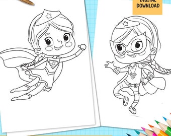 Super Hero Kids Coloring Pages, Set of Super Hero Illustrations, Superhero Printable, Instant Digital Download, JPEG Superhero Girl, PDF