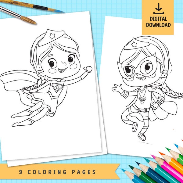 Super Hero Kids Coloring Pages, Set of Super Hero Illustrations, Superhero Printable, Instant Digital Download, JPEG Superhero Girl, PDF