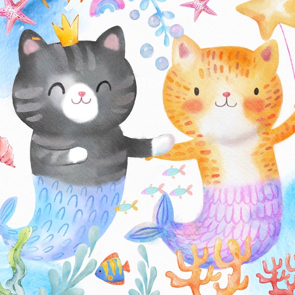 Aquarel kat zeemeermin, MeowMaid, Purrmaid Party, MerCat, kat, Kitty PNG, zeemeermin, kat illustraties, Mercat, grappige Mermeow kat digitale DOWNLOAD