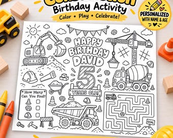 Personalized Construction Birthday Coloring Placemat, Printable Kids Activity Sheet, 3 Sizes
