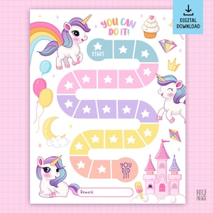 May include: A printable unicorn-themed reward chart with a colourful path, stars, and a castle at the end. The chart includes the text "You Can Do It!" and "You Did It!" and a space for a reward.
