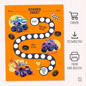Puede incluir: Un gráfico de recompensas imprimible con temática de monster truck. El gráfico tiene un camino con 25 círculos para colorear a medida que un niño completa tareas. El gráfico incluye el texto "Reward Chart", "Start", "You Can Do It", "Keep Going", "You Did It" y "Goal".