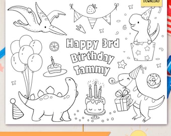 Personalized Dinosaur Coloring Page, Dinosaur birthday , Placemat Dinosaur, Dinosaur Party Activity , dinosaur printables, birthday dino