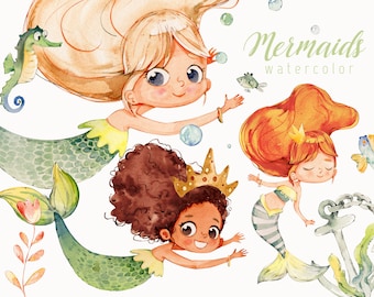 Watercolor Mermaids, Mermaids PNG, Mermaids Clipart, Underwater clipart PNG, Watercolor Anchor, Cute Mermaids, Digital Download
