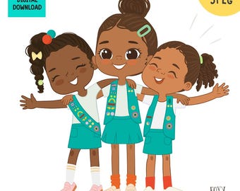 Junior Clip Art, Happy Junior Girls Together, Scout Girl Graphics, PNG Scout Art, Junior, Girl Troop Clipart, African American Girls