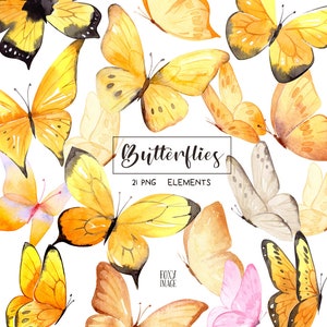 Papillon jaune PNG | Clipart papillon aquarelle | Téléchargement numérique | Fond transparent | Scrapbooking et travaux manuels