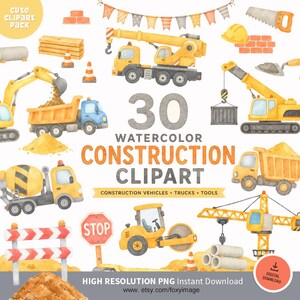 Pode incluir: Uma coleção de 30 elementos de clipart de construção em aquarela com caminhões basculantes amarelos, guindastes, betoneiras, rolos compactadores, cones de trânsito, pilhas de terra, tijolos, uma serra, um capacete e uma placa de pare com o texto 30 WATERCOLOR CONSTRUCTION CLIPART.