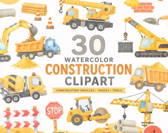 Watercolor Construction Clipart, Construction Vehicles & Trucks PNG, Builder Tools Clip Art, Kids Construction Birthday, Instant Download