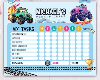 Personalized Monster Truck Reward Chart, Printable Behavior Tracker (Digital Download)
